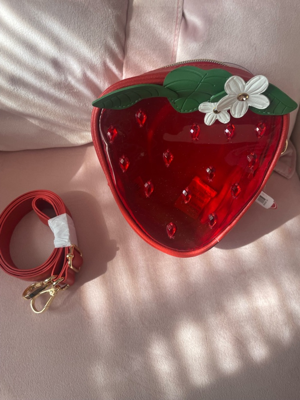 Bath & Body Works Red Strawberry Crossbody Cosmetic Bag with Green Leaf Accents